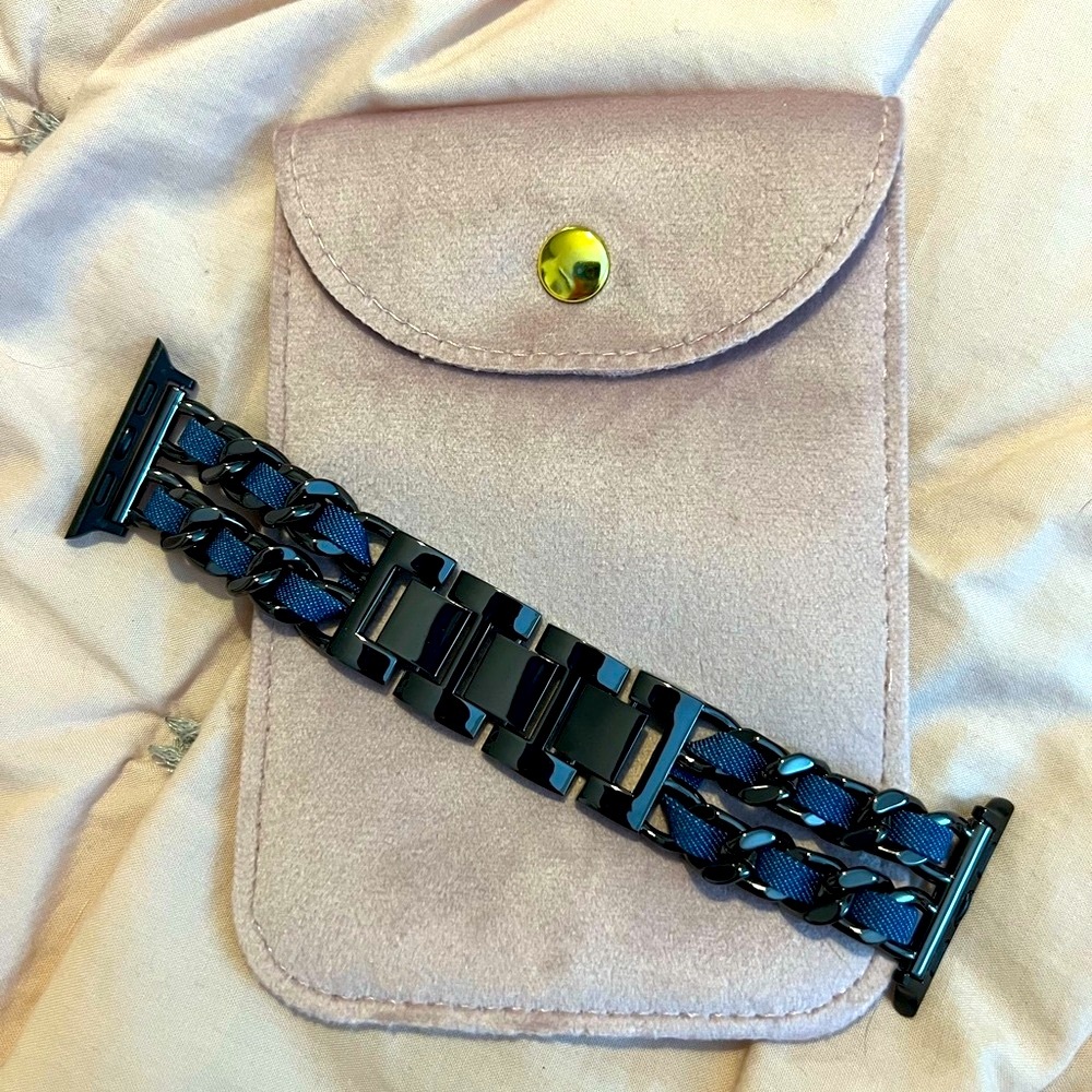 NEW Black Stainless Steel with Blue Jean Ribbon Apple Watch Band 38mm/40mm/41mm